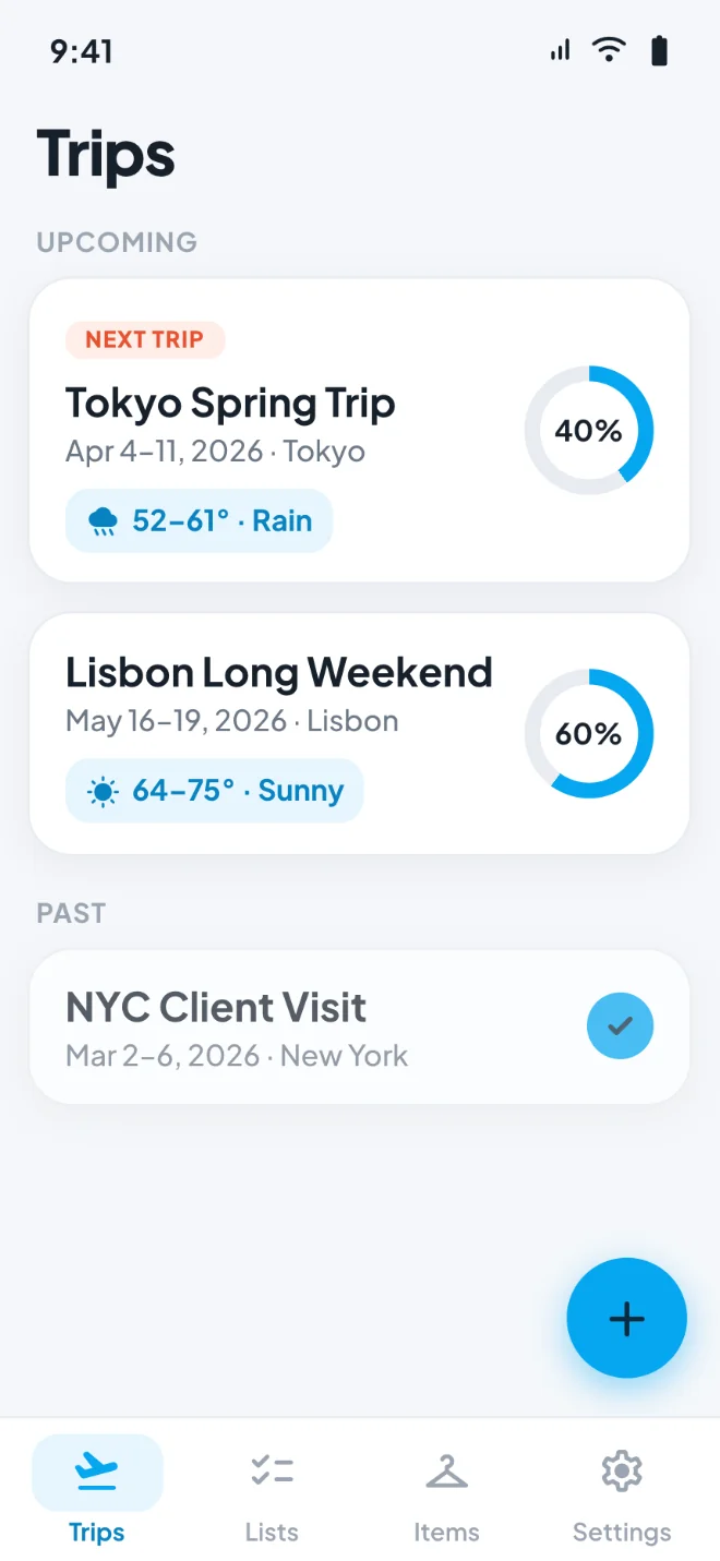Trunk trip list showing upcoming trips with packing progress for each