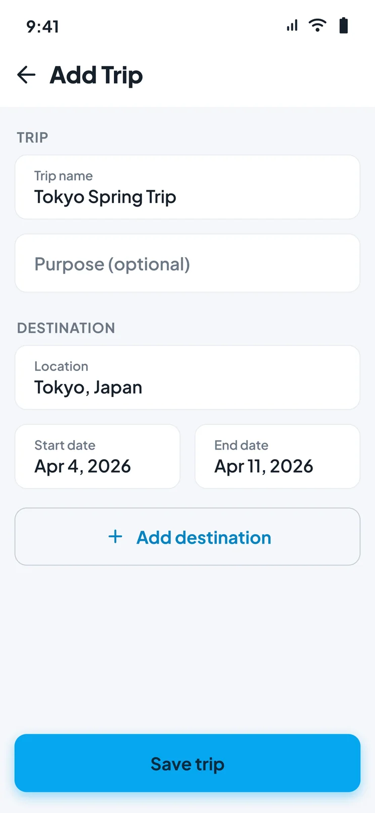 Creating a new trip in Trunk with a destination and travel dates