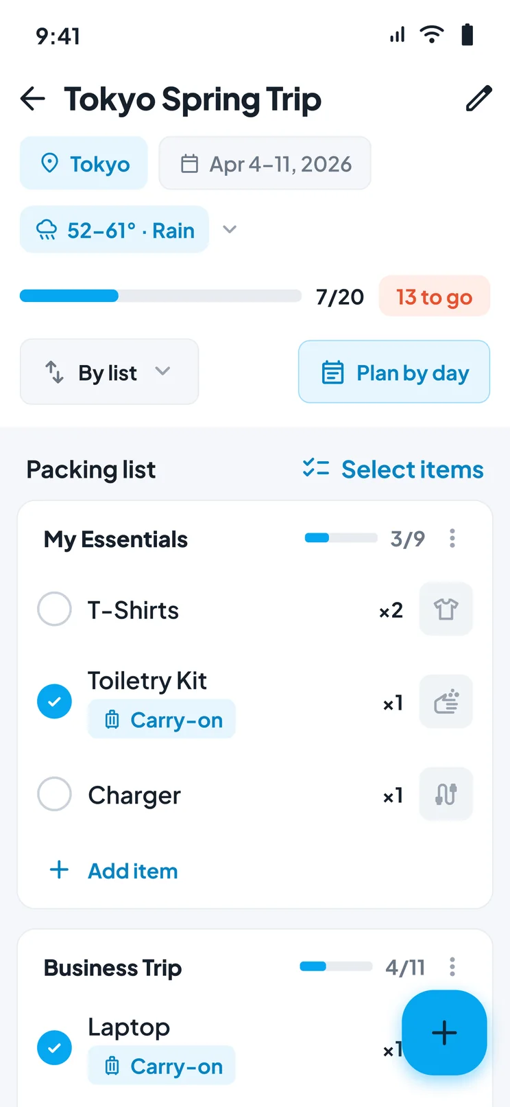 A Trunk packing list with items checked off and assigned to bags